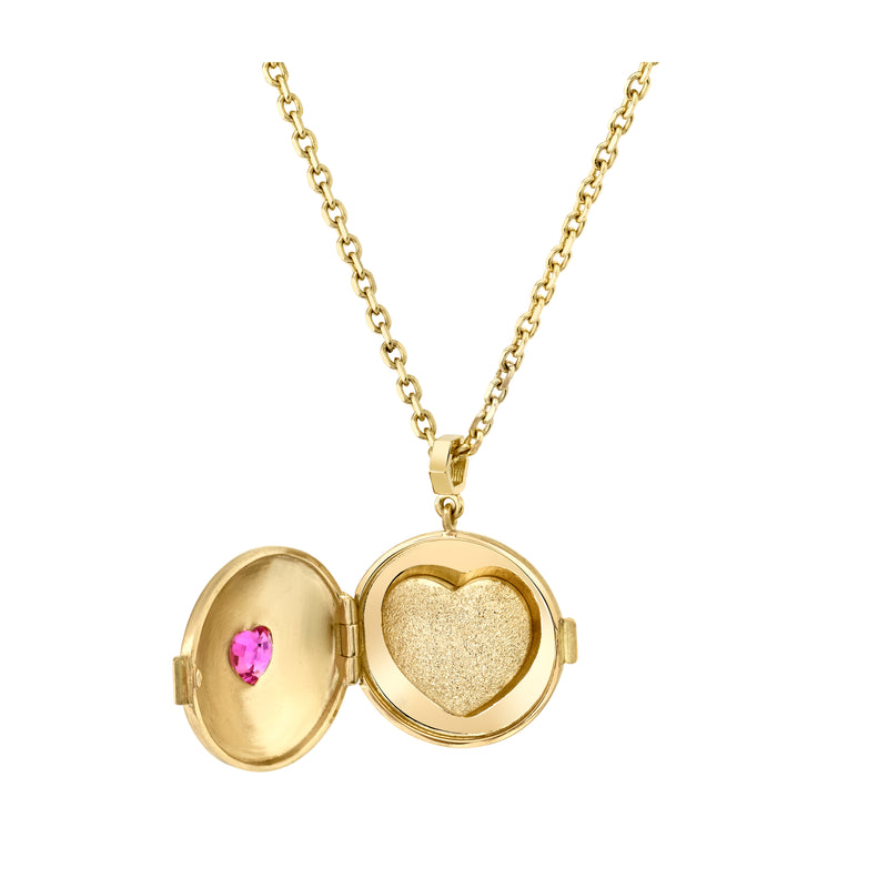 Inside view of 18k yellow gold locket showing a gold heart