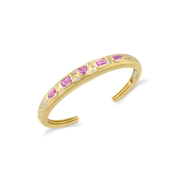 18k yellow gold cuff bracelet with bezel set pink sapphires and scattered set white diamonds
