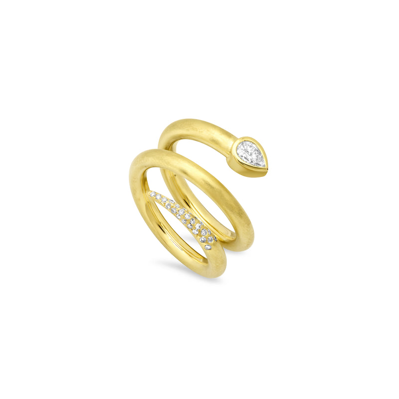 18k Yellow Gold Snake Shape ring that wraps around the finger twice. It has a pear shaped white diamond at the head and white diamonds set at the tail end. 