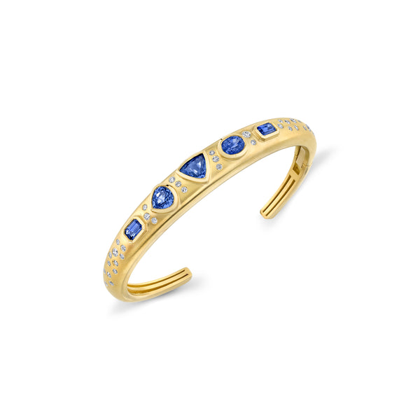 18k Yellow Gold Cuff Bracelet with Blue Sapphires and White Diamonds