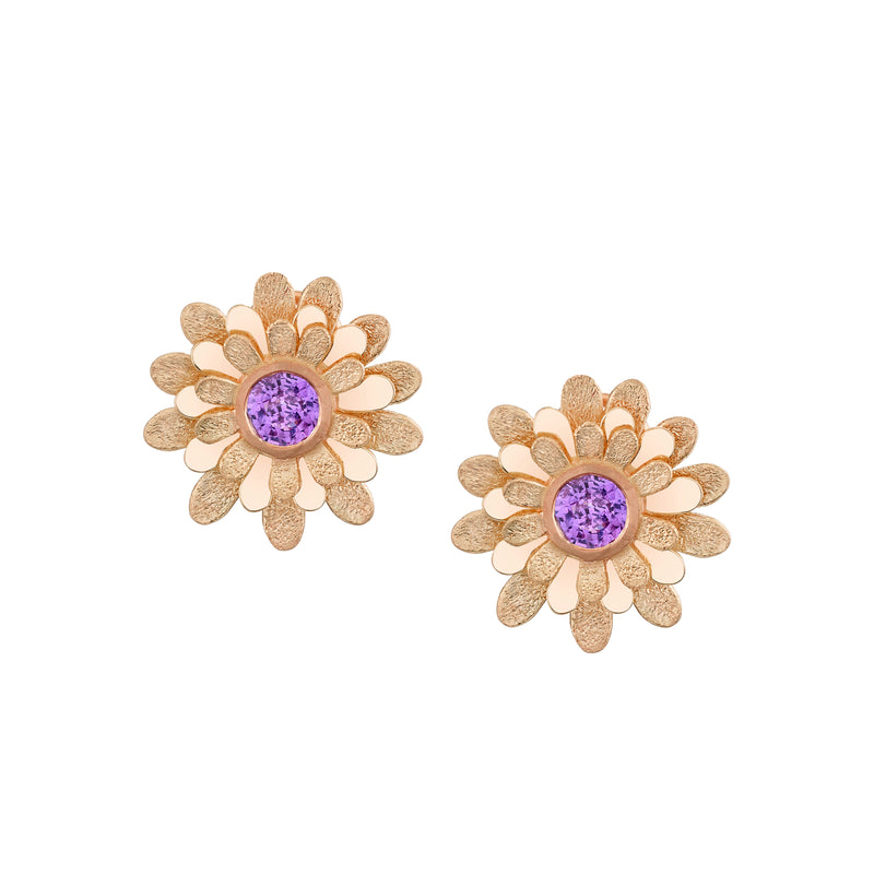 Yellow gold Flower Shape Earrings the Pink Sapphire center Stone