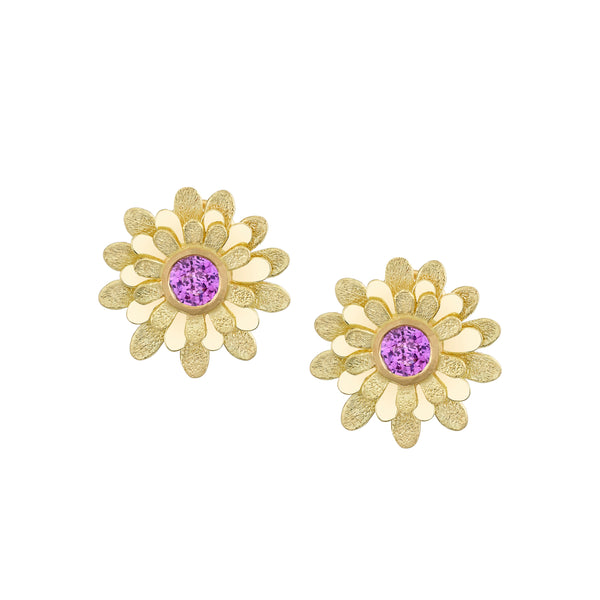 Yellow gold Flower Shape Stud Earrings with Pink Sapphire center Stone