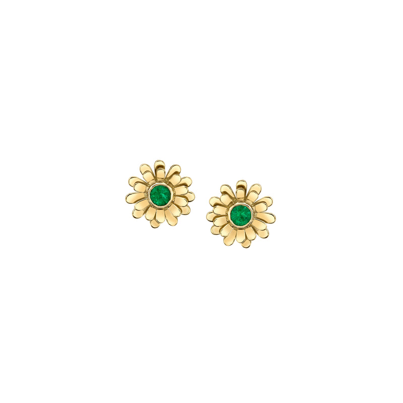 18k yellow gold flower stud earrings with a round emerald center stone
