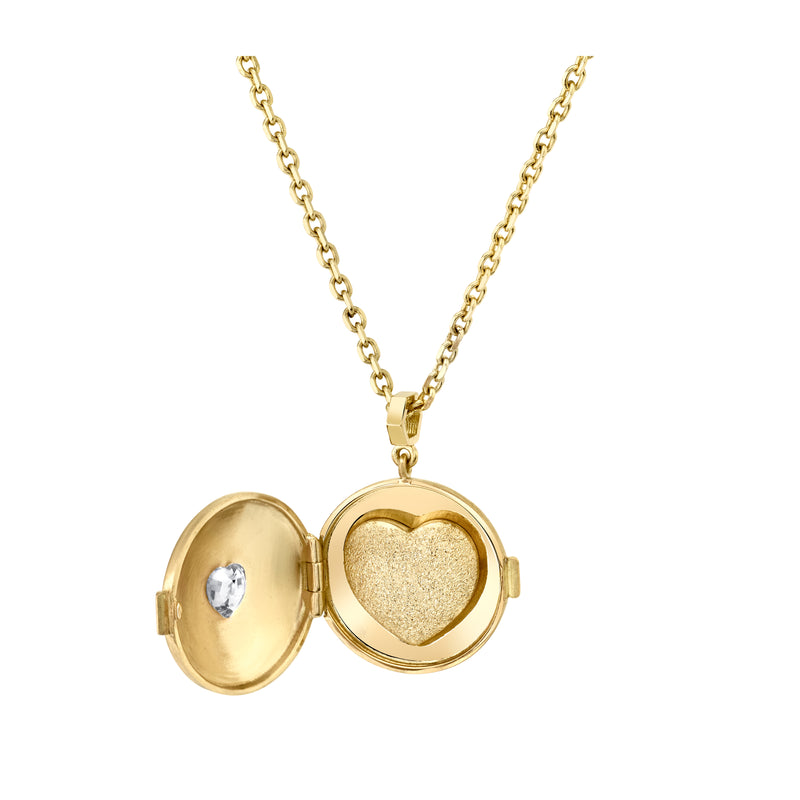 Inside view of 18k yellow gold locket showing a gold heart 