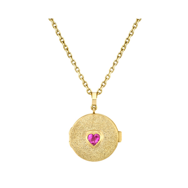 18k yellow gold necklace with locket that has a bezel set heart shaped Pink Sapphire