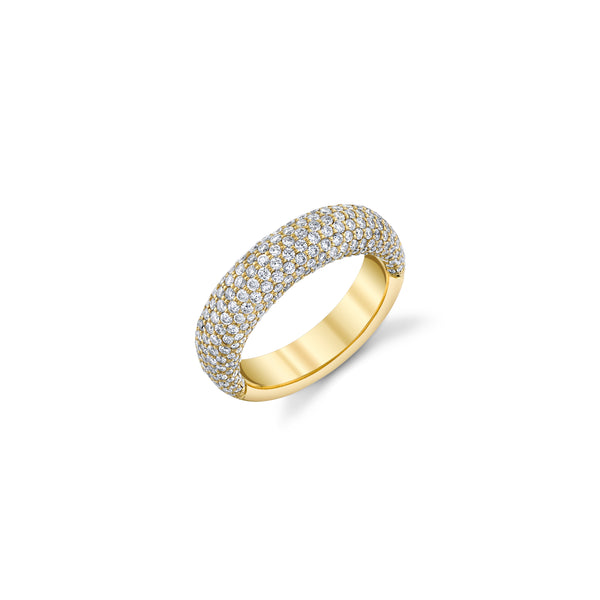 18k yellow gold dome shaped ring with pavé set white diamonds on the top half of the ring. 