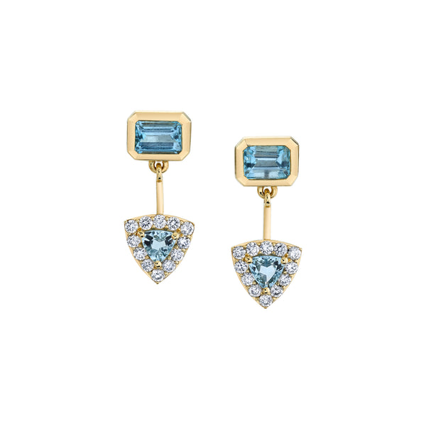 18k yellow gold aquamarine drop earrings. Top stone is an emerald cut bezel set aquamarine. The drop has round prong set aquamarine surrounded by prong set round white diamonds 