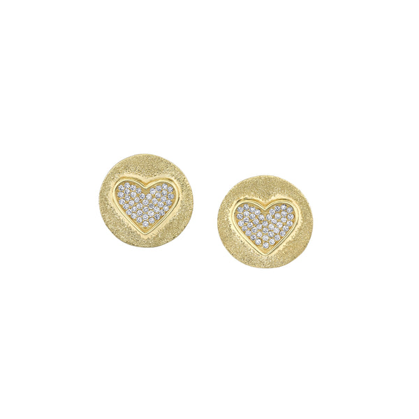 18k yellow gold stud earrings with pavé set white diamonds in the shape of a heart