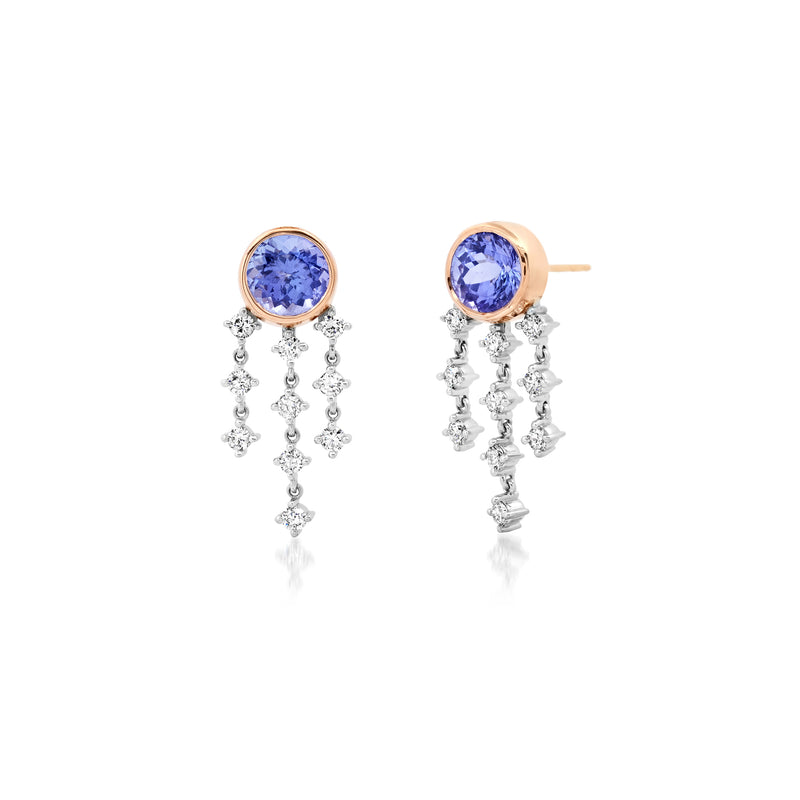 18k Rose Gold Earrings with Round Bezel Set Tourmaline and 3 droplet of white diamonds. The center drop have 4 diamonds and the 2 outside drops have 3 diamonds each