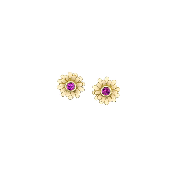 18k yellow gold flower stud earrings with a round pink sapphire center stone