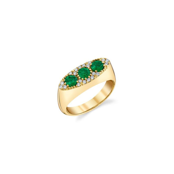 18k yellow gold ring with 3 round emeralds and pavé set white diamonds