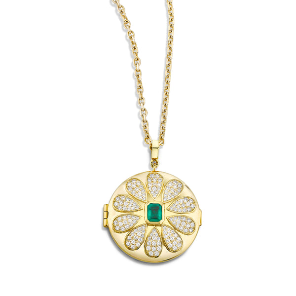 18k yellow gold locket necklace with pavé diamonds in the shape of a flower with an emerald center stone.