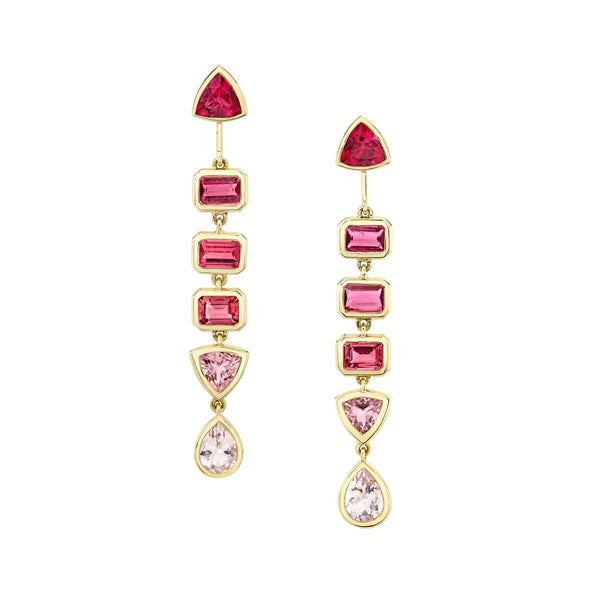 18k yellow gold drop earrings with Pink Tourmaline Dark to light with a morganite pear shape drop. 