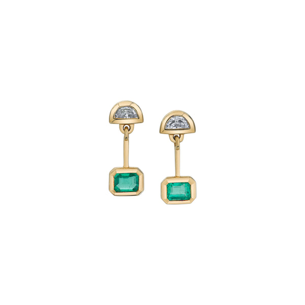 18k Yellow Gold Drop Earrings with half moon shaped white diamonds on top and emeralds on the bottom